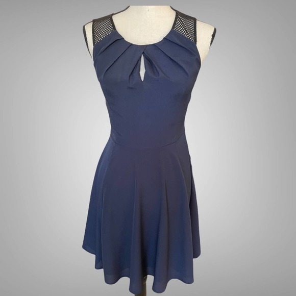 Express Navy Blue Mesh Fit and Flare Sleeveless Mini Dress Pleated Front Size 2 - Picture 1 of 9